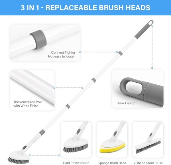 3 in 1 Tub and Tile Scrubber Bathroom Cleaner Shower Cleaning Brush 51.5” Detachable Long Handle, Stiff Bristles Scrub Brush Cleaning Tool for Bathtub Kitchen Toilet Wall Floor Glass